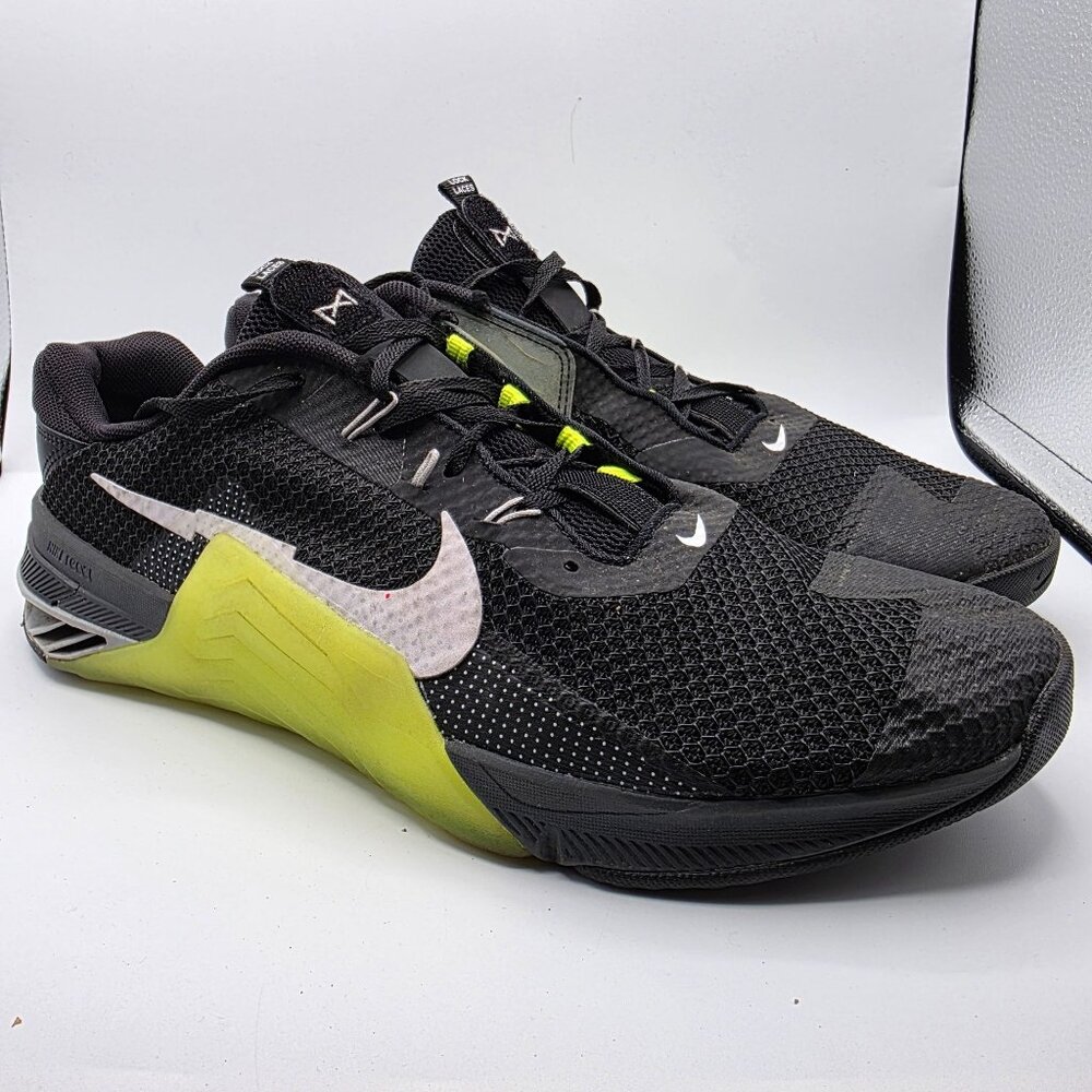 Nike Metcon 7 Black White Volt Iron Gray Mens Size 14 Athletic Shoes Gym Train